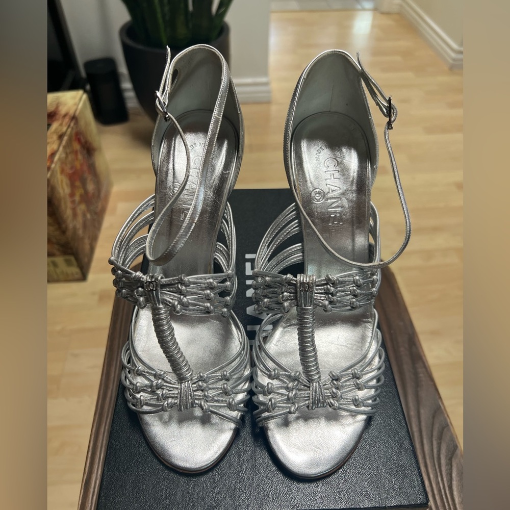 Chanel metallic silver Argent sandals heels